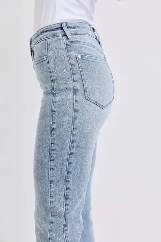 Judy Blue Full Size Mid Rise Rhinestone Side Panel Detail Flare Jeans Plus Size.