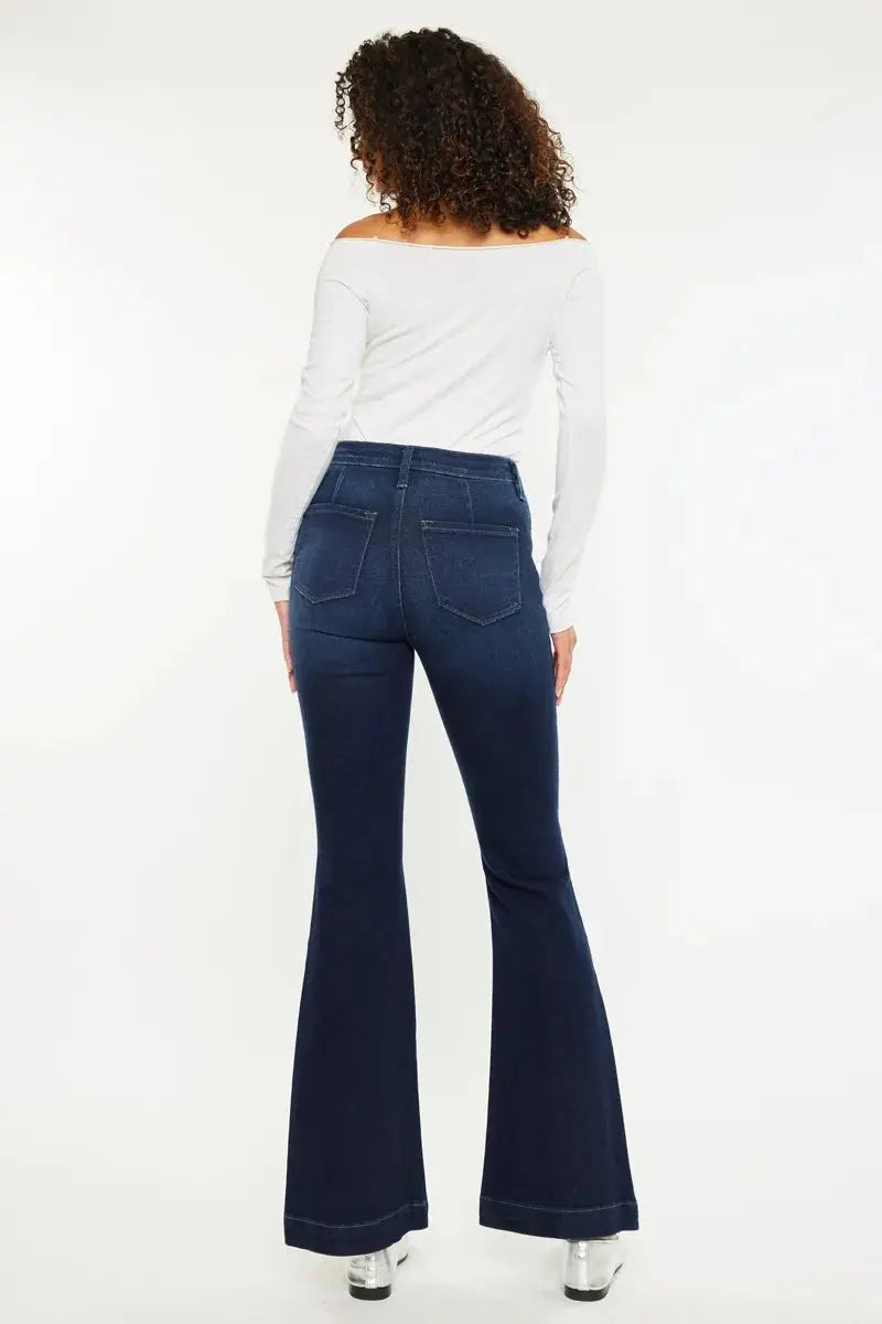 Kancan Button Fly High Rise Distressed Flare Jeans.