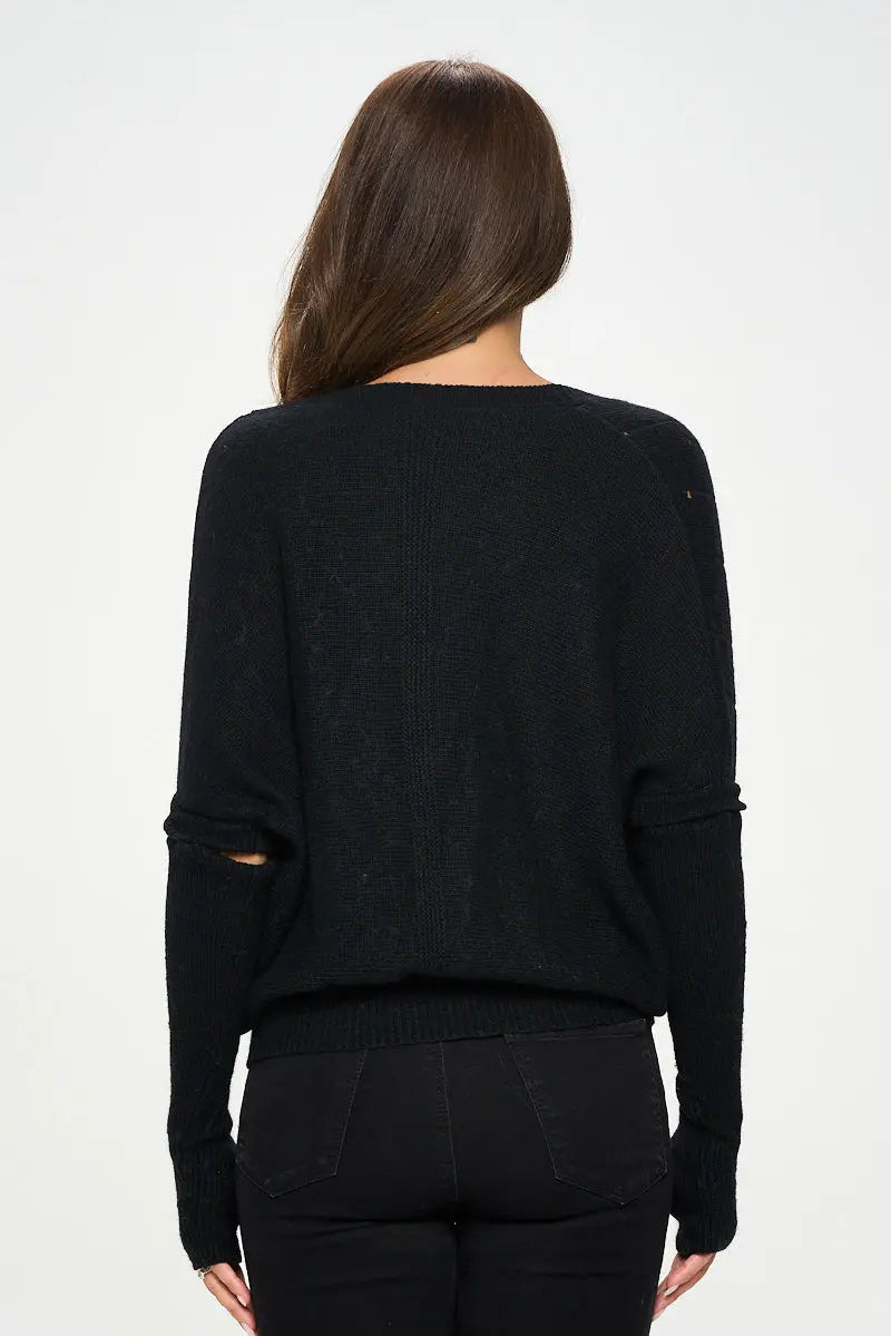 Black V neck Surplice Tunic Sweater with Sleeve Detail.