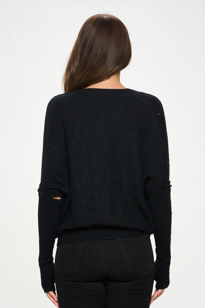 Black V neck Surplice Tunic Sweater with Sleeve Detail.